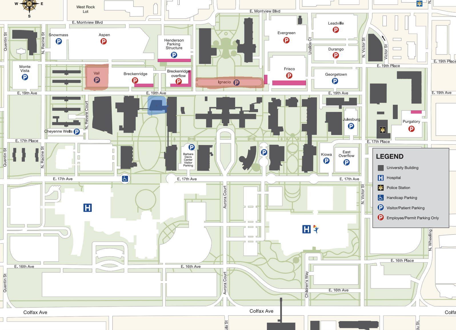 CU Anschutz campus map with the Vail visitor parking lot highlighted in red and the Research 1 North building highlighted in blue along E. 19th Avenue
